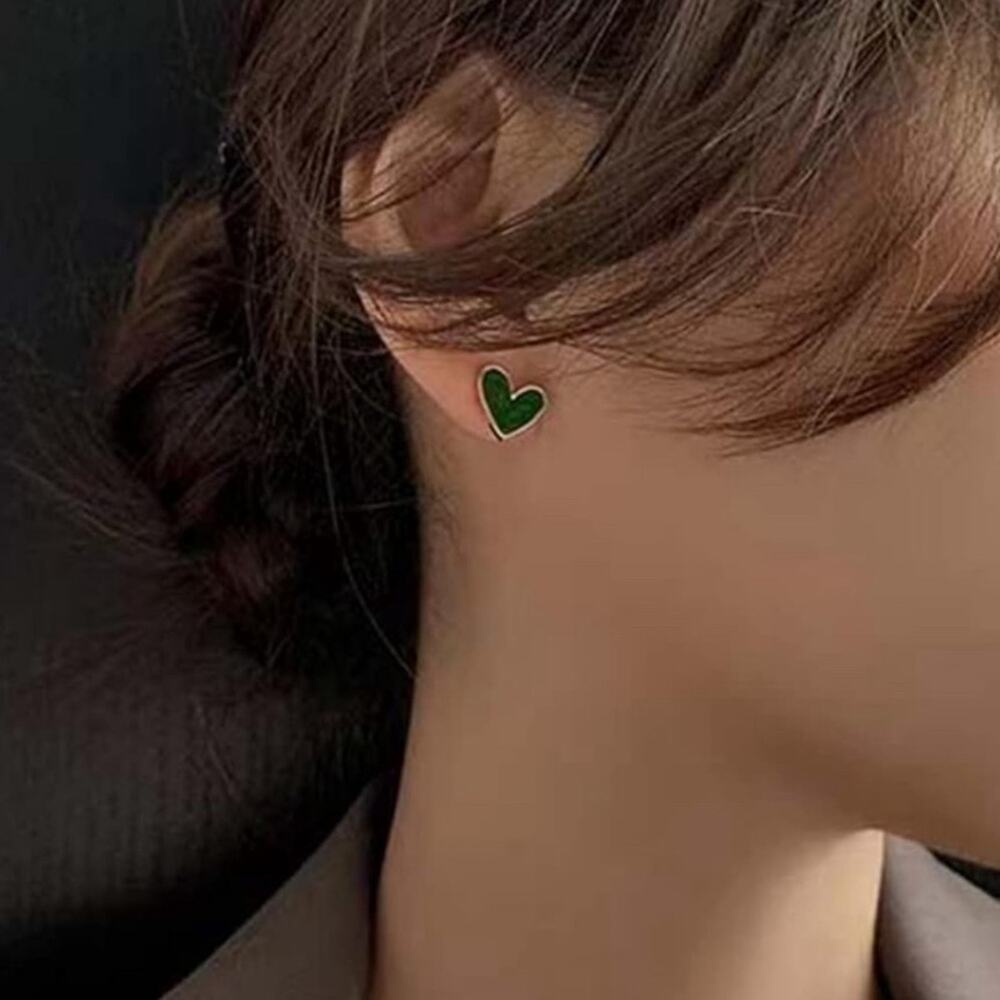 Green Gold Heart Stud Earrings Womens Costume Jewelry Cute Y2K Aesthetic Gift - Picture 2 of 6